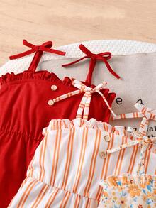 SHEIN 3pcs/Set Cute Summer Knit Floral & Striped Pattern Romper For Baby Girl - Multicolor - View 3