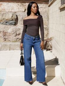 Yess Loren 女士休闲百搭白色纯色不对称领口褶皱长袖紧身衣 - 咖啡棕 - 查看 5