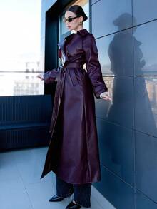 Bris Aura 女士时尚腰带长款风衣 - 酒紅色 - 查看 3