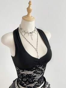 SHEIN Tall 女士优雅蕾丝拼接黑色露背吊带背心，休闲百搭，适合日常穿着，秋冬季 - 黑色 - 查看 1