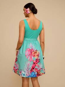 Travachic Đầm không tay cỡ lớn dành cho nữ, thanh lịch và thoải mái, màu trơn với họa tiết cây dừa nhiệt đới, thích hợp cho kỳ nghỉ, mùa hè, hoặc những dịp thư giãn ở vùng nhiệt đới. - màu xanh lá - Xem 3