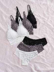 Lowkey Lull 3packs Floral Lace Lingerie  Bra & Panty Sets - Multicolor - View 3