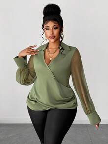 Maweii Camisa elegante de talla grande con mangas transparentes, cuello y cruce frontal para citas - Verde - Ver 2
