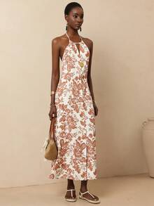 Vesra Women's Ivory Base Khaki Vacation Bestselling Floral Halter Waist Metallic Decor A-Line Vacation Dress - Multicolor - View 7