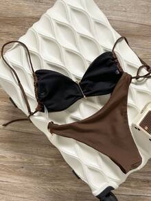 Swim Chiccia 春夏纯色无钢圈装饰吊带背心和泳裤女士沙滩度假优雅坦克泳装套装 - 棕色 - 查看 2