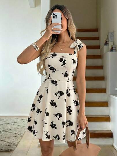 Easowa Square Neck Tie Strap Bow Shoulder Strap Waist A-Line Umbrella Skirt Slip Dress, Retro Brush Stroke Floral Print, Casual Relaxed Elegant Commute Vintage Style Holiday Spring Summer Dress For Women