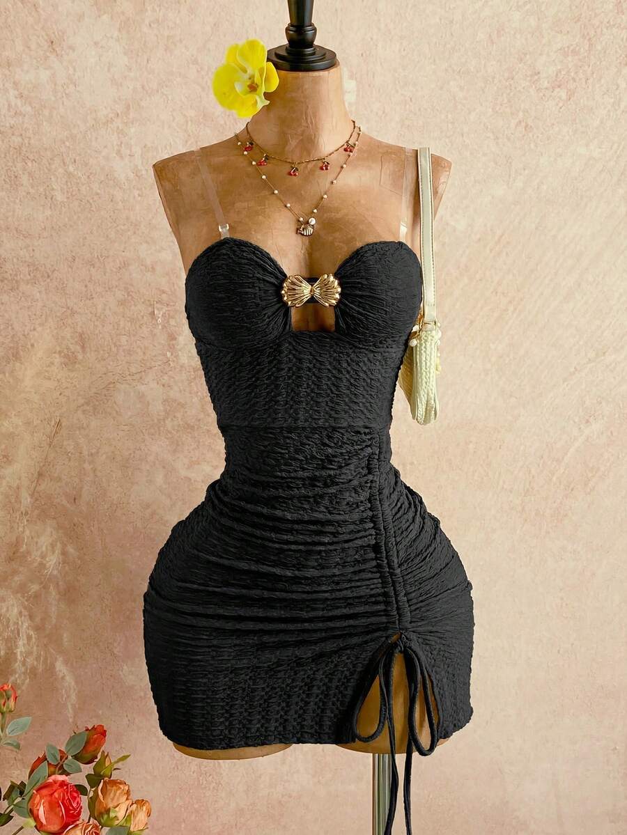 Soleia Women's Black Summer Techno Rave Elegant Bohemian Textured Drawstring Metal Decor Ruched Mini Dress For Vacation,Beach Wedding Guest,Music Festival - Black - View 1
