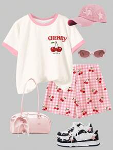Conjunto de 2 piezas de camiseta de manga corta de cuello redondo holgada y pantalones cortos con estampado de cuadros en blanco crema y rosa crema, estilo vintage retro dulce y elegante para niñas preadolescentes, adecuado para primavera/verano, uso diario, casual, salidas, vacaciones, campus, verano y atuendos de verano, cómodo y fácil, capas de verano para niños, ropa gráfica vintage de niños, de vuelta a la escuela, homecoming, estilo relajado, chic relajado, atuendos con vibra tranquila - Multicolor - Ver 3