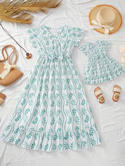 SHEIN Baby Girl Cute Summer Floral Print Short-Sleeve Dress Mommy And Me Matching Outfits (2 Pieces Are Sold Separately)