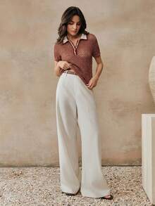 Anewsta Colorblock Linen Hollow Out Knit Polo Shirt For Women, Retro Collar Short Sleeve Top, Spring/Summer - Burgundy - View 5
