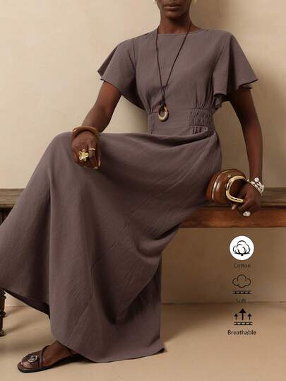 Vesra Spring/Summer New Round Neck Cinched Waist Elastic Casual Elegant Long Dress For Women