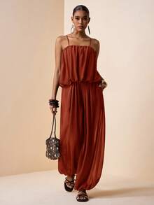 Zivah 2026 Spring/Summer New Music Festival, Easter, St. Patrick's Day, Valentine's Day, Date, Western, Nomadic, Birthday Party, Graduation, College Style, Student, Daily Casual, Basic Versatile, Leisure, Cruise Travel, Beach, Sunbathing, Viral Hit, Streetwear, Wedding Guest, Commuter, Brunch, Airport, Party, Holiday Outing, Office Wear, Camisole Ruffle Bud Layered Top And Wide Leg Pants With Pockets, Pleated Texture Palazzo Pants, Brown Chiffon 2-Piece Set - Redwood - View 6