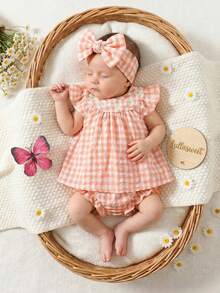 SHEIN 夏季新生女宝宝粉色格子荷叶边无袖上衣搭配同色三角裤两件套，可爱、清新、简约、时尚 - 粉色 - 查看 1