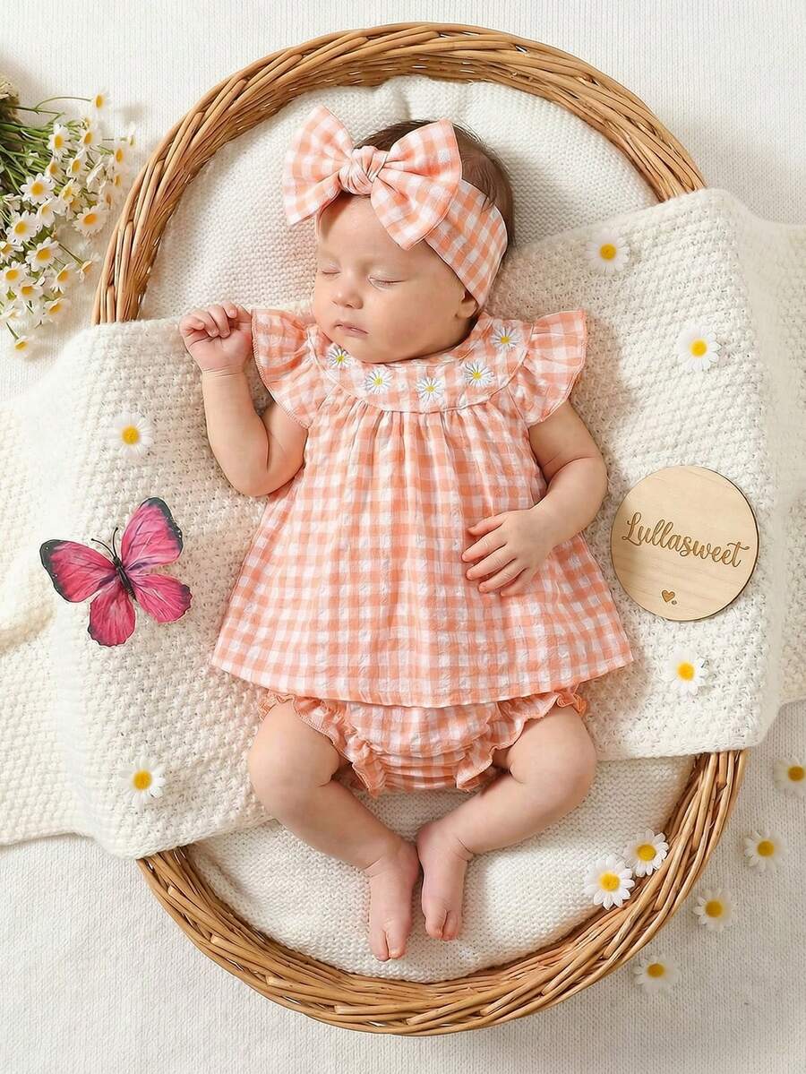 SHEIN 夏季新生女宝宝粉色格子荷叶边无袖上衣搭配同色三角裤两件套，可爱、清新、简约、时尚 - 粉色 - 查看 1