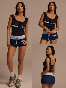 Fluxe Women's Letter Print Drawstring Waist Casual Versatile Daily & Sports Mini Skirt - Blue - View 11