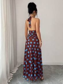 Elenzga Women's V-Neck Ruched Halter Dress, Fashionable French Polka Dot Long Vacation Dress - Brown - View 2