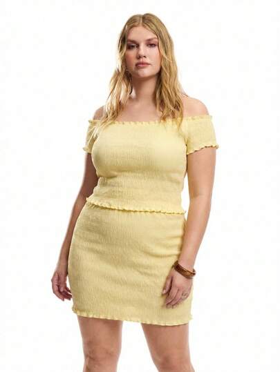 Solavibe 大码女式纯色荷叶边露肩短袖上衣和紧身迷你裙套装