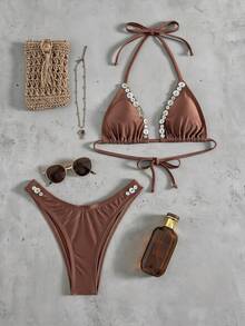 Swim Chiccia Elegant Coffee Brown Bikini Set,Shiny Luminous Two Pieces Swimwear With Hand-Embroidered Button Shell,Summer Casual Beach Vacation Holiday Outfit - Brown - View 3