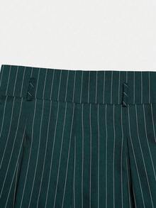 Selianne 女士新款藏蓝色条纹西装裤，高腰优雅时尚褶裥宽松直筒休闲裤，适合春秋季穿着，日常通勤百搭。 - 墨綠色 - 查看 5