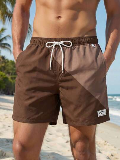 Manfinity VDAYZ Pantalones cortos de playa casuales con cintura elástica y cordón, de color contrastante para hombres