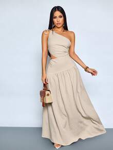 SOLERSUN 女士休闲度假风亚麻条纹露肩镂空长裙，复古美学 - 棕色 - 查看 3