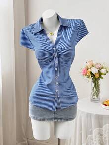 Sweetra CURVE Plus Size Women Striped Single-Breasted Pleated Casual Versatile Daily Wear Shirt - Blue - View 4