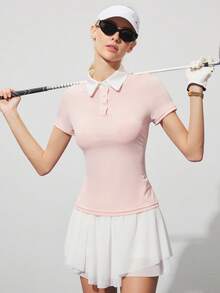 CourtClass CourtClass 女士撞色 Polo 领短袖高尔夫球衫 - 粉色 - 查看 5