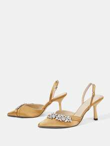 CUCCOO HITCHD Women's High Heel Pumps, Elegant & Luxurious Pointed Toe, Rhinestone Chain, Champagne Gold Satin, Suitable For Wedding Bride, Bridesmaid, Guest, Party - Bronze - View 3