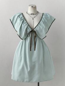 Sunspun 大码女装夏季浅绿色条纹V领荷叶边蝴蝶结连衣裙，复古法式泡泡袖系腰短裙 - 薄荷綠 - 查看 3