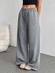 SHEIN PETITE Autumn/Winter New Casual Thickened Fleece Loose High Waist Elastic Waistband Wide Leg Sweatpants, Spring/Summer Versatile Casual Style - Dark Grey - View 5