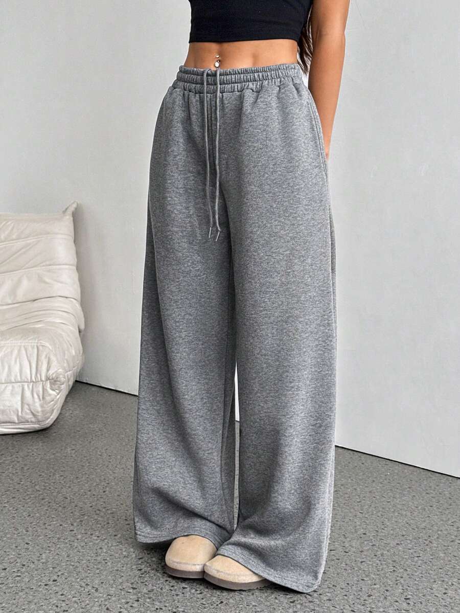 SHEIN PETITE 秋冬新款休闲加厚抓绒宽松高腰弹力腰带阔腿运动裤，春夏百搭休闲风 - 深灰色 - 查看 1