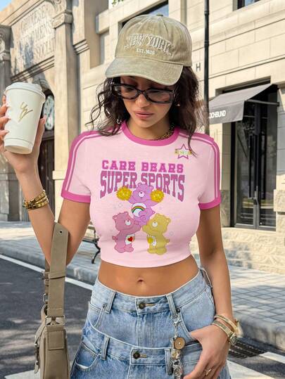 SHEIN X Care Bears Women's Cartoon Print Short Sleeve Tight Fit T-Shirt