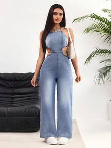 Rivivi Women's Backless Halter Denim Jumpsuit - Blue - View 5