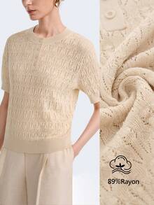 Aalyst 夏季通勤优雅奶油色钩针镂空针织上衣，蕾丝饰边，圆领半扣雾染系列女士短袖毛衣 - 杏色 - 查看 1