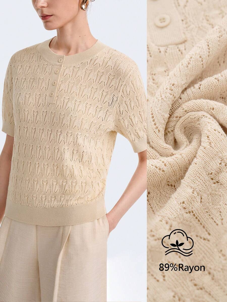 Aalyst 夏季通勤优雅奶油色钩针镂空针织上衣，蕾丝饰边，圆领半扣雾染系列女士短袖毛衣 - 杏色 - 查看 1