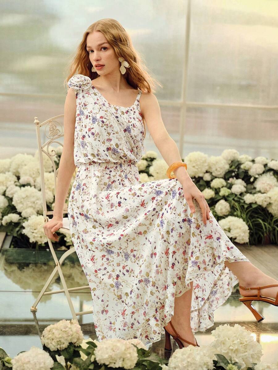 MOTF PREMIUM WOMEN'S ROMANTIC FLORAL PRINT ASYMMETRICAL NECK DRESS, SPRING/SUMMER - Apricot - View 1