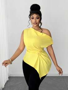 Maweii Women's Yellow Summer Elegant Night Blouse,Plus Size Asymmetric Collar Sleeveless Pleated 3D Floral Fashionable Niche Design Vacation Graceful Top - Yellow - View 2