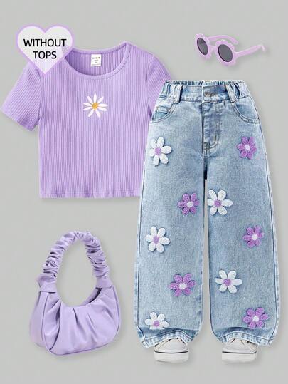 SHEIN ChillGRL Young Girl Baggy Jeans Y2k Oversized Jeans Wide Leg Jeans Girls Baggy Girls Jeans Loose Jeans New Arrival 2025 Aesthetic Fashion Snowflake Washed Distressed Embroidered Flare Pants Fall&Winter Four Season Light Blue Loose-Fitting Jeans With White And Purple Embroidery 90s Kids Christmas