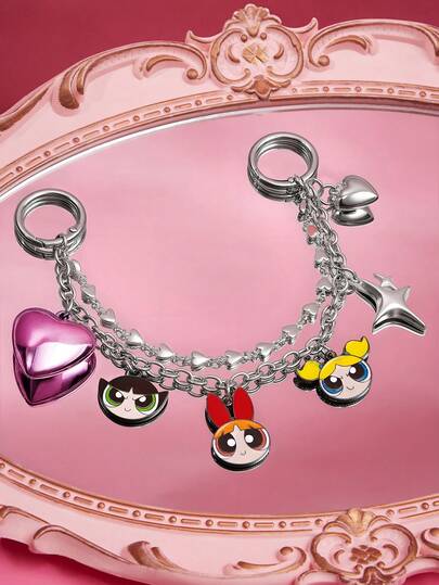 THE POWERPUFF GIRLS X SHEIN 时尚甜美锌合金包包挂饰、钥匙扣、吊坠、纪念品、收藏品，可用于送礼，也可用于钱包、书包、背包、汽车配件等，花朵、泡泡和毛茛图案，心形吊坠