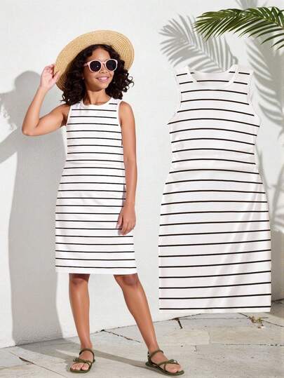 黑色线条印花无袖连衣裙，适合少女穿着，春、夏、秋季皆宜，适合外出、居家日常穿着，舒适简约经典。