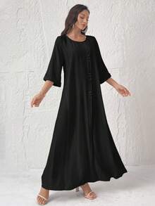 Al Najma Vestido de mujer de unicolor con cuello redondo, manga 3/4 y diseño de botones en estilo árabe - Negro - Ver 8