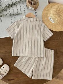 LMoss Kids 2pcs Baby Boy Contrast Color Knit Soft Collar Short Sleeve Top And Elastic Waist Shorts Set - Apricot - View 2