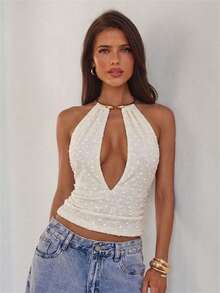 Aloruh Áo tank top nữ dệt kim, ôm sát, cổ yếm kim loại, màu trơn - Màu be - Xem 11