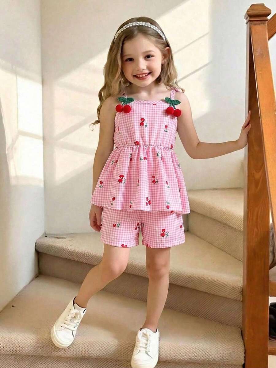 Elladie kids 两件套女童时尚数码印花背心,樱桃3D装饰,搭配松紧腰宽松短裤,适合夏季休闲、海滩、度假等场合。 - 粉色 - 查看 1