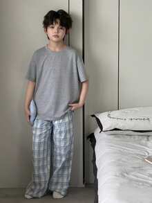 DAZY Tween Boy Solid Color Short Sleeve Top And Plaid Pants Pajama Set Summer - Grey - View 1