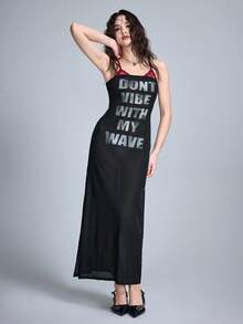 ROMWE Y2K Millennium Spaghetti Strap Sexy Semi-Sheer Contrast Lace English Print Maxi Dress For Women - Black - View 7