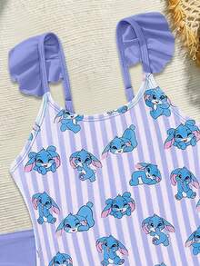 SHEIN Sparklyn Traje de baño de una pieza con volantes, estampado floral y tirantes para niña preadolescente, elegante y a la moda al estilo europeo y americano, adecuado para nadar, vacaciones y playa en verano - Morado - Ver 3