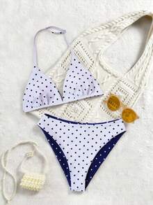 少女泳装套装，休闲假日可爱随机印花针织面料，可调节吊带上衣和三角泳裤两件套，双面可穿，适合夏季海滩泳池派对假日 - 彩色 - 查看 5