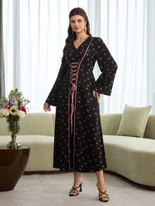 Al Najma 女士春夏印花粉色收腰A字优雅浪漫阿拉伯风连衣裙 - 彩色 - 查看 3