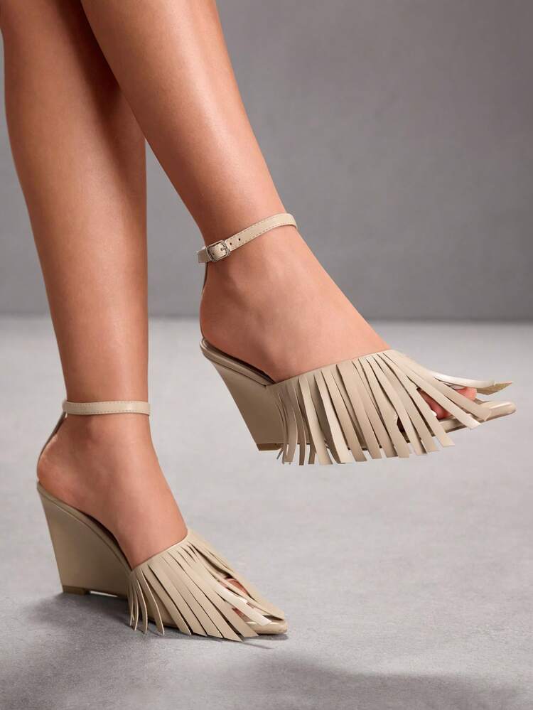 CUCCOO SZL Women's Fashionable Elegant Commuter Fringe Decor Wedge High Heel Sandals Spring Shoes Prom Heels